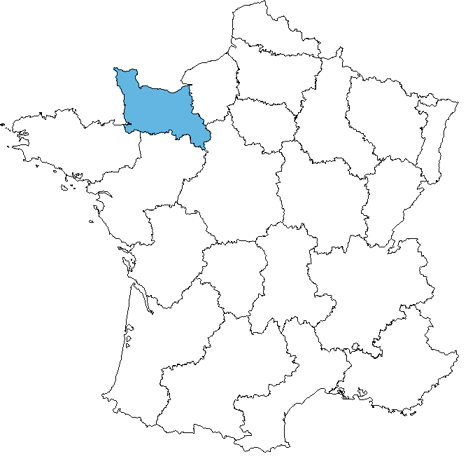 Carte de France avec la région Normandie colorée en bleu